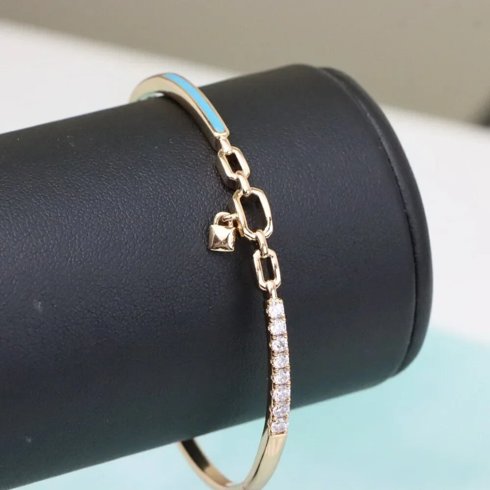 Chic Rose Gold Bangle with Lock Charm and Blue Enamel Accent, XPBL0432